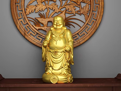 Golden Maitreya Buddha Sculpture With Intricate Wooden Carved Background And Traditional Design 3d model