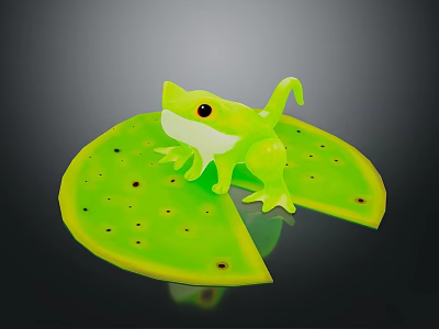 Green Frog Toy Sitting On Green Leaf With Holes Transparent Body And Black Eyes 3d model