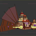 Ornate Castle Style Water Transport with Red Sails Colorful Towers and Shiny Reflection