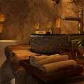 Rustic Stone Washbasin Design With Round Mirror Wall Lamps And Rolled Towels