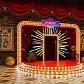 Vintage Stage with Red Curtains Brick Wall Neon Sign Microphone and Colorful Radial Lights