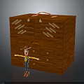 Red Wooden Chest With Drawers And Straps Featuring Cowboy Toy Figure Standing Next To