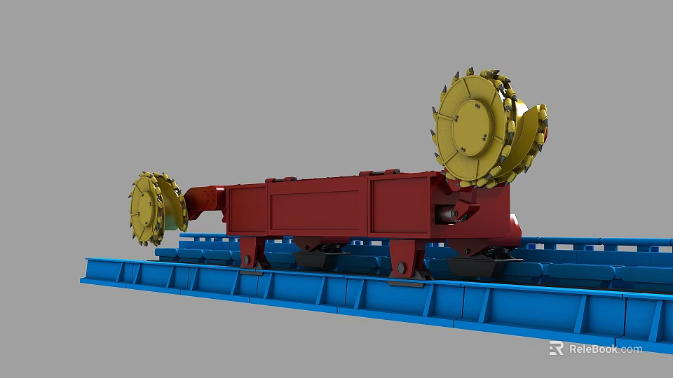 Red Industrial Equipment with Two Yellow Circular Cutting Wheels Mounted on Blue Base Structure 3d model 
