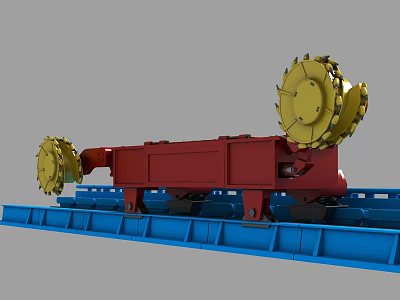 Red Industrial Equipment with Two Yellow Circular Cutting Wheels Mounted on Blue Base Structure 3d model