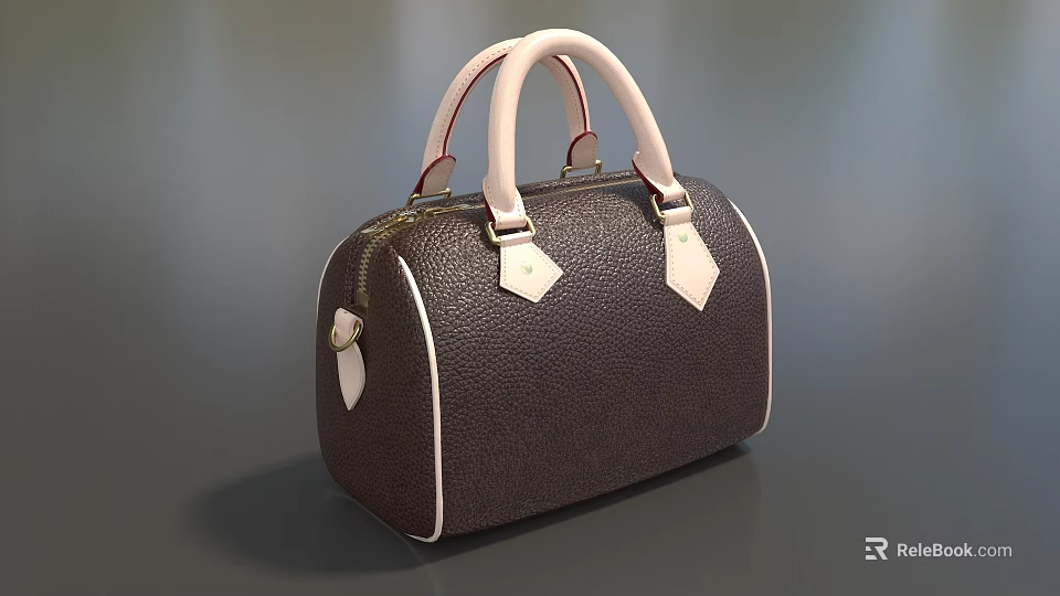 Stylish Brown Leather Handbag With White Handles Textured Surface Zipper Closure And Metal Hardware 3d model 