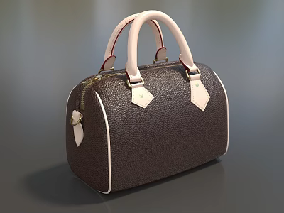 Stylish Brown Leather Handbag With White Handles Textured Surface Zipper Closure And Metal Hardware 3d model