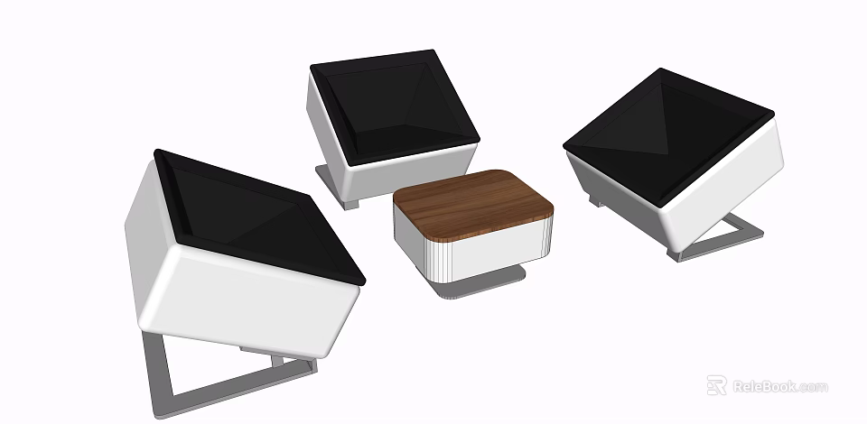 Modern Casual Sofa Set With Black White Seats And Wooden Coffee Table 3d model 