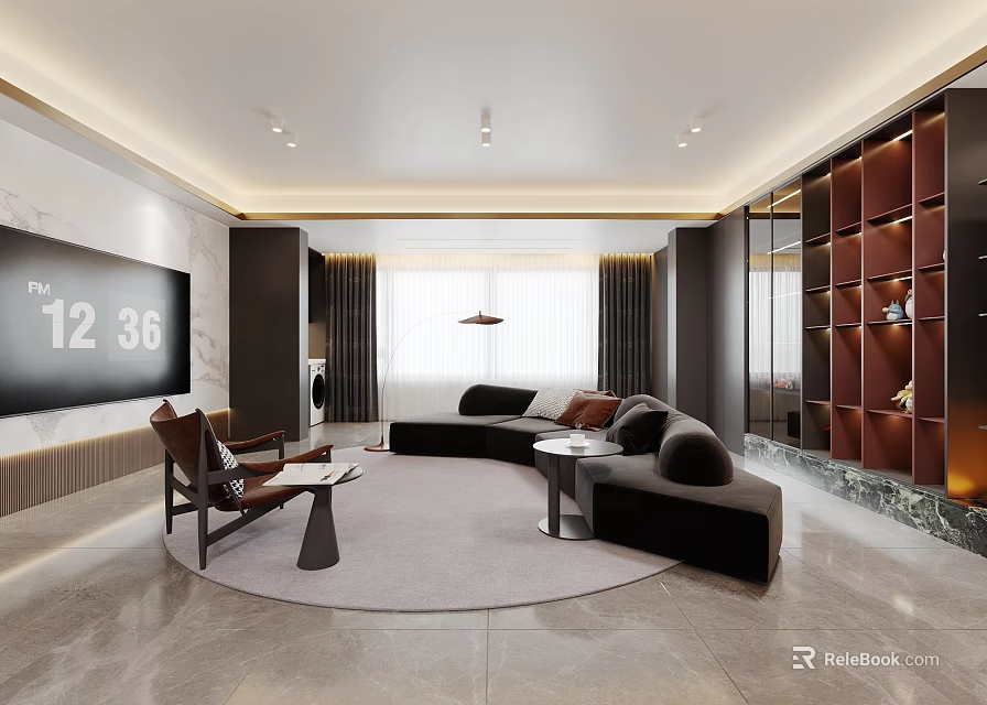 Modern Open Concept Restaurant Space With Wooden Dining Table And Soft Ambient Lighting 3d model 