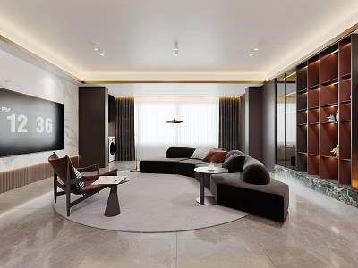 Modern Open Concept Restaurant Space With Wooden Dining Table And Soft Ambient Lighting 3d model