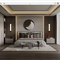 Modern Bedroom Interior Design With Circular Wall Art Wooden Nightstands Pillows And Soft Rug