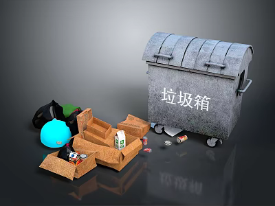 Building Side Area With Wheeled Gray Trash Bin And Scattered Cardboard Boxes 3d model