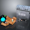 Building Side Area With Wheeled Gray Trash Bin And Scattered Cardboard Boxes