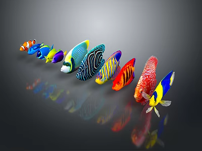 Colorful Tropical Fish With Various Colors Arranged In A Row Showing Different Shapes And Patterns 3d model