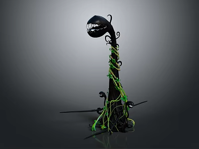 Mysterious Unique Plant With Black Stem And Twisted Green Yellow Vines In Curved Structure 3d model