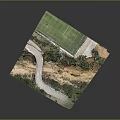 3D Model Of Green Turf Football Field With Curved Road And Hilly Terrain Trees