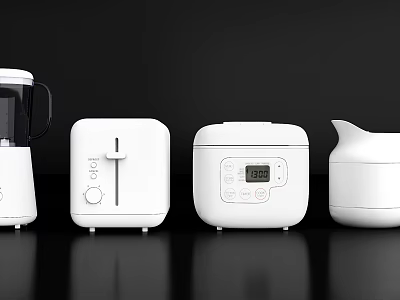 White Modern Kitchen Appliances Featuring Toaster Rice Cooker Blender And Kettle 3d model