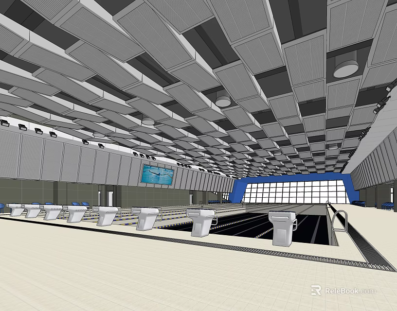 Modern Indoor Swimming Pool With Grid Pattern Ceiling And Glass Windows 3d model