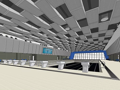 Modern Indoor Swimming Pool With Grid Pattern Ceiling And Glass Windows 3d model