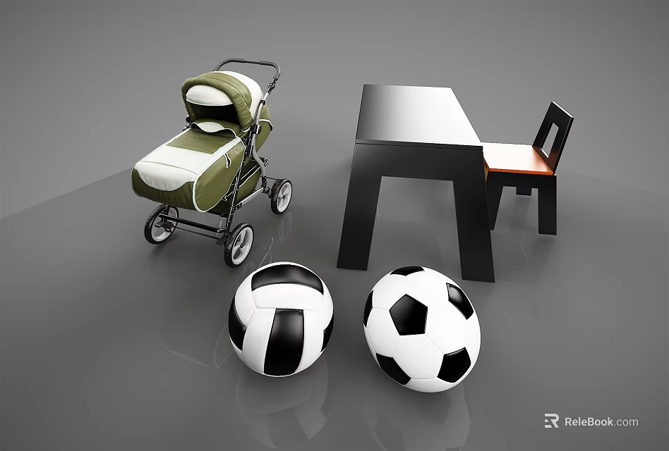 Children's Table with Matching Chair Stroller and Soccer Balls in Kids Room 3d model 