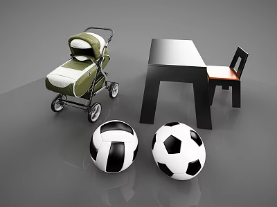 Children's Table with Matching Chair Stroller and Soccer Balls in Kids Room 3d model