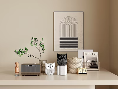 Modern Decorative Ornament Set with Owl Figurines Plant Radio Woven Basket and Wall Art 3d model