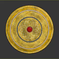 Golden Circular Decorative Plate With Central Red Gemstone And Surrounding Blue White Intricate Patterns