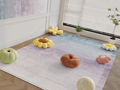 Square Rug In Living Room With Colorful Plush Cushions And Plants 3d model