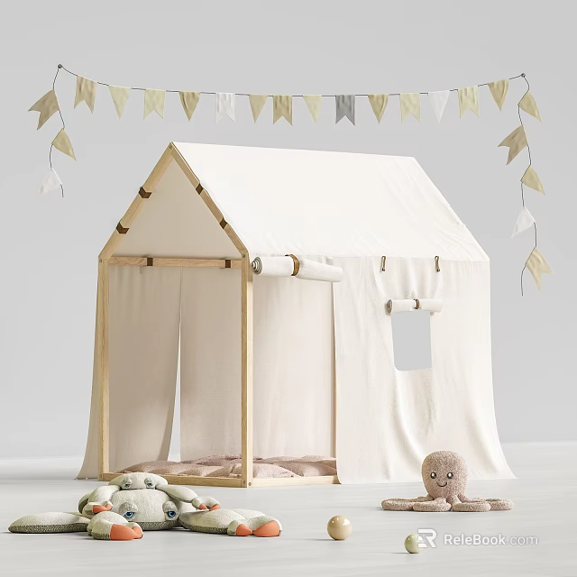 Kids Wooden Frame Tent With White Canvas And Bunting Flags Decoration And Plush Toys Around 3d model 