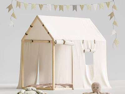 Kids Wooden Frame Tent With White Canvas And Bunting Flags Decoration And Plush Toys Around 3d model