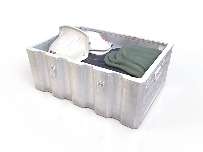 Metal Storage Box Containing White Safety Helmets And Green Clothing 3d model