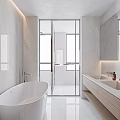 Elegant Modern Bathroom Interior with Marble Walls Bathtub Glass Shower and Double Sinks