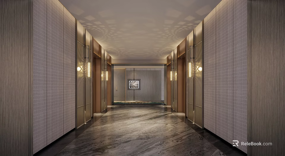 Elegant Modern Hotel Corridor Interior With Textured Walls Warm Lighting And Polished Marble Flooring 3d model 