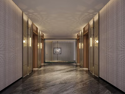 Elegant Modern Hotel Corridor Interior With Textured Walls Warm Lighting And Polished Marble Flooring 3d model