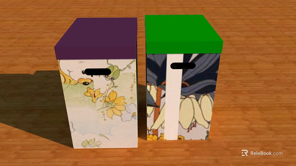 Decorative Storage Boxes With Purple And Green Lids Featuring Floral Patterns And Handles 3d model 