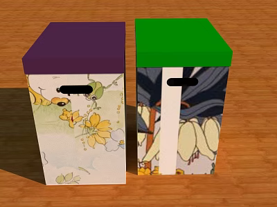Decorative Storage Boxes With Purple And Green Lids Featuring Floral Patterns And Handles 3d model