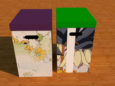 Decorative Storage Boxes With Purple And Green Lids Featuring Floral Patterns And Handles 3d model