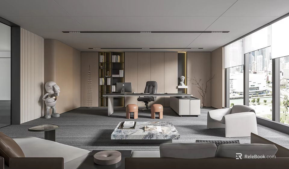 Modern Office Interior With Large Windows City View Desk Coffee Table Sofa And Bookshelf 3d model 