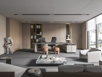 Modern Office Interior With Large Windows City View Desk Coffee Table Sofa And Bookshelf 3d model