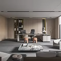 Modern Office Interior With Large Windows City View Desk Coffee Table Sofa And Bookshelf