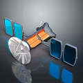 3D Spacecraft Model With Blue Solar Panels Silver Dish Antenna And Orange Body