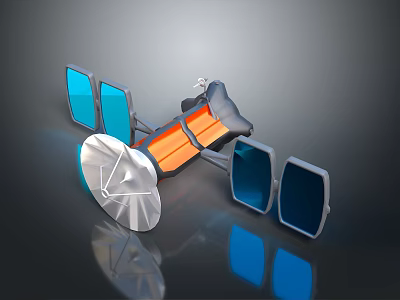 Sci-fi style future satellite metal satellite triangle rectangular lens color nebula orange halo future technology black background symmetrical design 3d model