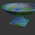 Stone Basin With Unique Textured Surface On Square Fluted Pedestal Base And Ornate Center Detail