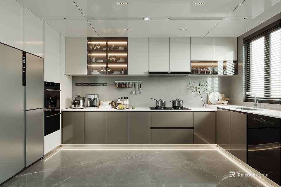 Modern Minimalist Kitchen Interior With Gray Cabinets Island Countertop And Stainless Steel Appliances 3d model 