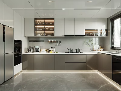 Modern Minimalist Kitchen Interior With Gray Cabinets Island Countertop And Stainless Steel Appliances 3d model
