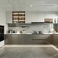 Modern Minimalist Kitchen Interior With Gray Cabinets Island Countertop And Stainless Steel Appliances
