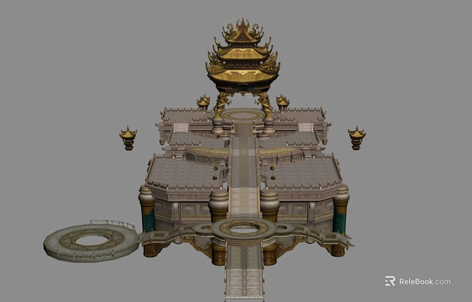 Chinese Style Architectural Scene Component With Golden Pavilion Stone Steps And Circular Platform 3d model 