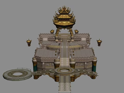 Chinese Style Architectural Scene Component With Golden Pavilion Stone Steps And Circular Platform 3d model