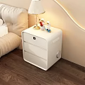 Modern White Bedside Table With Drawer Table Lamp And Figurines In Bedroom With Wooden Floor