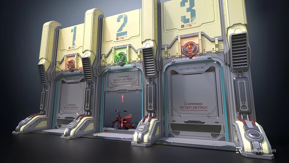 Sci-Fi Scene With Numbered 1 2 3 Mechanical Doors Indicator Lights And Red Motorcycle 3d model 