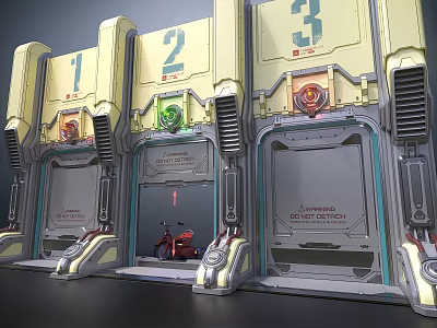 Sci-Fi Scene With Numbered 1 2 3 Mechanical Doors Indicator Lights And Red Motorcycle 3d model